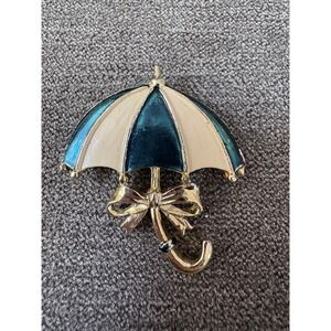 Vintage Gerry's Signed Gold Tone Teal Umbrella Shape Charm Brooch Pin